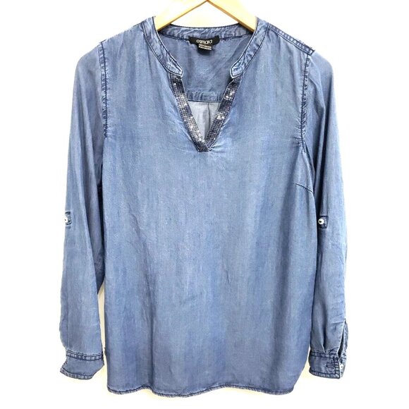 Esmara by Heidi Klum Denim Roll Tab Sleeve Rhinestone Trim Pullover Top Sz 6 - Picture 1 of 7